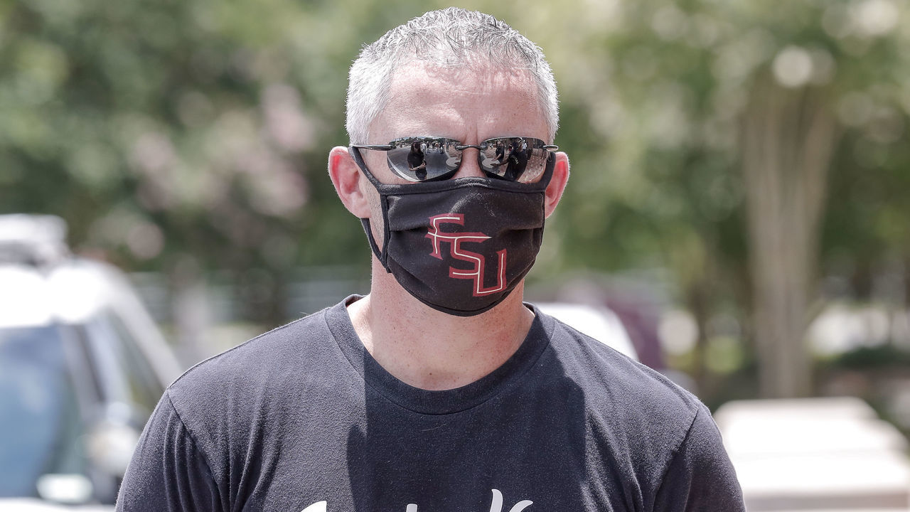 TALLAHASSEE, FL - JUNE 13: Head Coach Mike Norvell of the Florida State Football Team wears a mask before a unity walk on June 13, 2020 in Tallahassee, Florida. Florida State players and members of the football coaching staff led fans and supporters on a unity walk from the Doak Campbell Stadium on the Florida State University campus to the state capitol building in support of the Black Lives Matter movement. Protests erupted across the nation after George Floyd died in police custody in Minneapolis, Minnesota on May 25th.