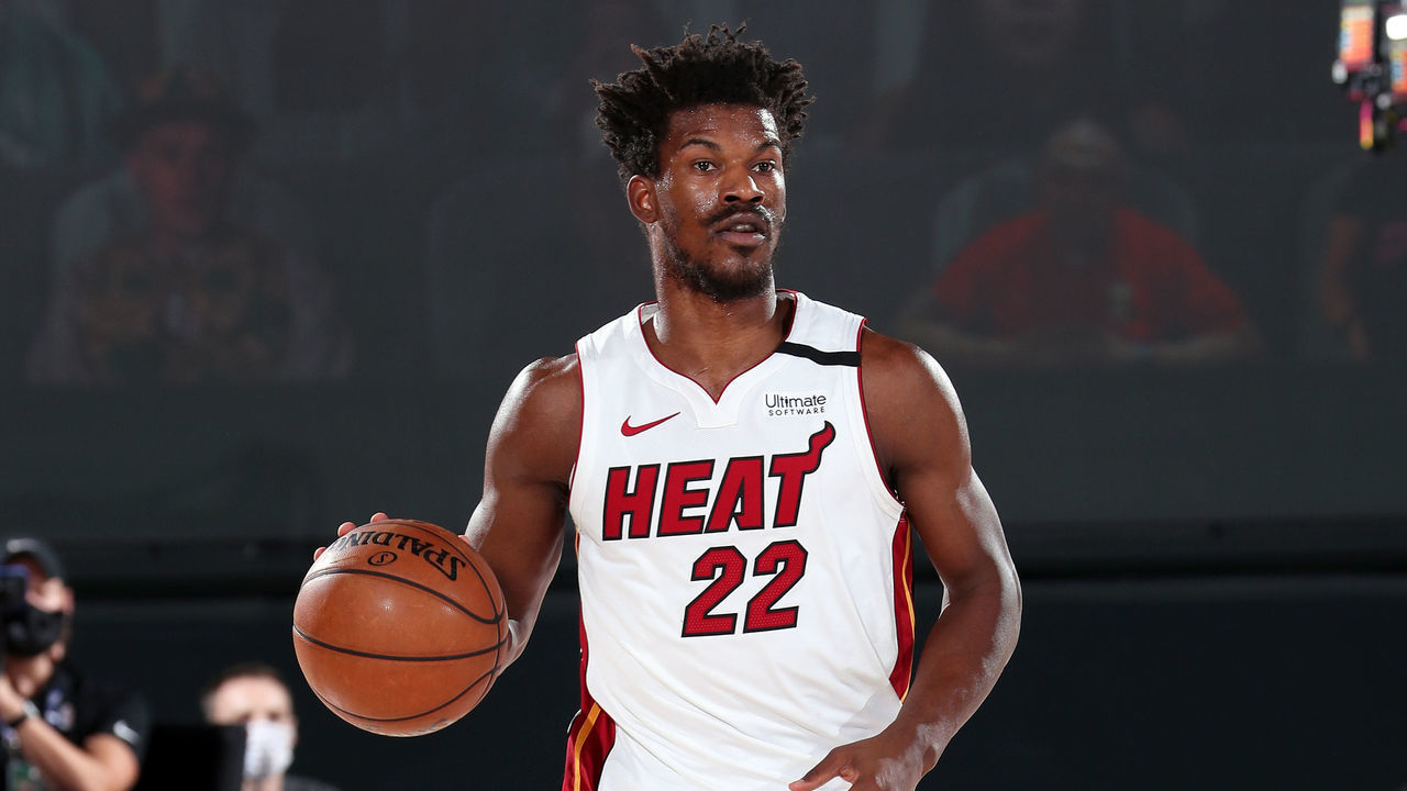 ORLANDO, FL - SEPTEMBER 25: Jimmy Butler #22 of the Miami Heat handles the ball during the game against the Boston Celtics during Game Five of the Eastern Conference Finals of the NBA Playoffs on September 25, 2020 at The AdventHealth Arena at ESPN Wide World Of Sports Complex in Orlando, Florida. NOTE TO USER: User expressly acknowledges and agrees that, by downloading and/or using this Photograph, user is consenting to the terms and conditions of the Getty Images License Agreement. Mandatory Copyright Notice: Copyright 2020 NBAE