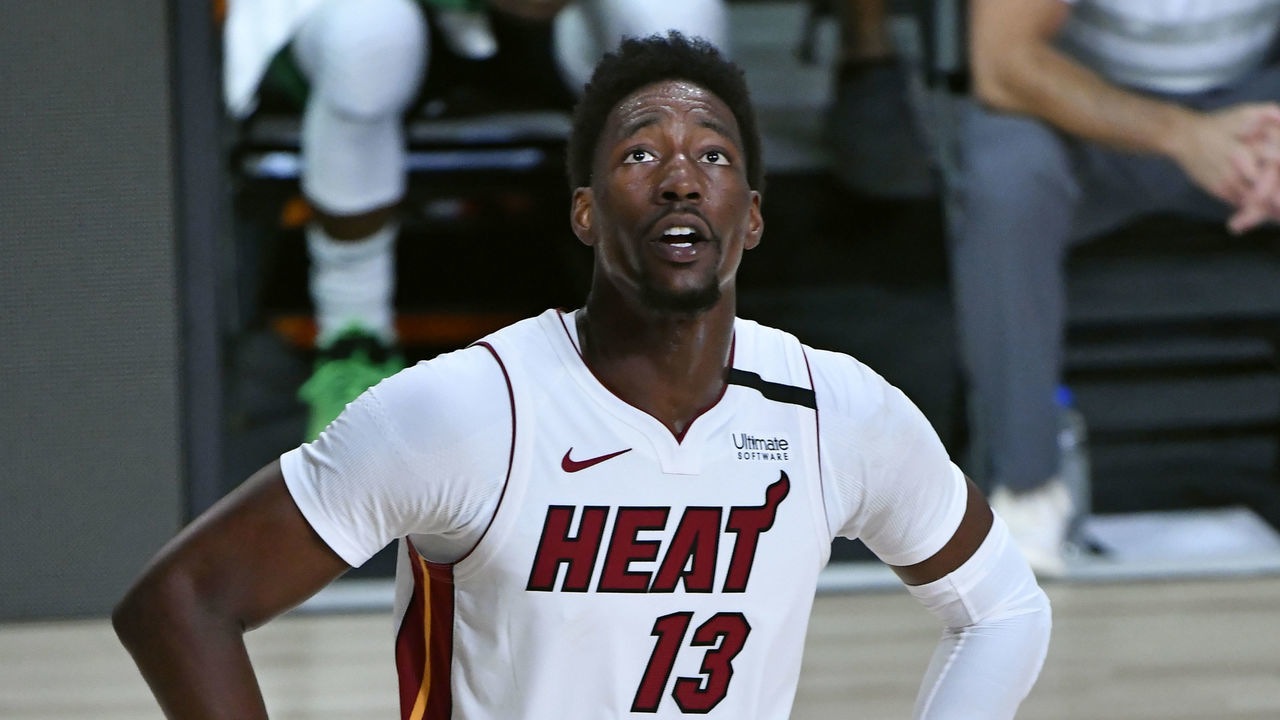 ORLANDO, FL - SEPTEMBER 25: Bam Adebayo #13 of the Miami Heat looks on during Game Five of the Eastern Conference Finals of the NBA Playoffs on September 25, 2020 at the AdventHealth Arena at ESPN Wide World Of Sports Complex in Orlando, Florida. NOTE TO USER: User expressly acknowledges and agrees that, by downloading and/or using this Photograph, user is consenting to the terms and conditions of the Getty Images License Agreement. Mandatory Copyright Notice: Copyright 2020 NBAE