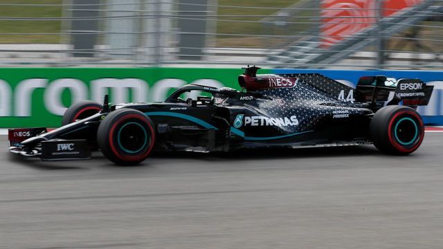 Mercedes' British driver Lewis Hamilton steers his car during the third practice session for the Formula One Russian Grand Prix at the Sochi Autodrom Circuit in Sochi on September 26, 2020.