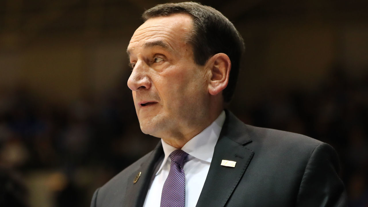 DURHAM, NC - NOVEMBER 26: Duke Blue Devils head coach Mike Krzyzewski during the 1st half of the Duke Blue Devils game versus the Stephen F Austin Lumberjacks on November 26th, 2019 at Cameron Indoor Stadium in Durham, NC.