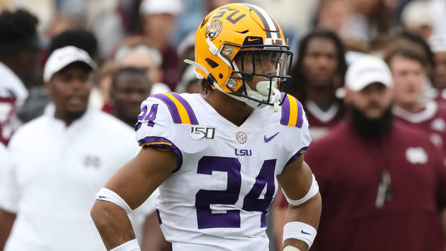 STARKVILLE, MS - OCTOBER 19: LSU Tigers cornerback Derek Stingley Jr. (24) during the game between the LSU Tigers and the Mississippi State Bulldogs on October 19, 2019 at Davis Wade Stadium in Starkville, Mississippi.