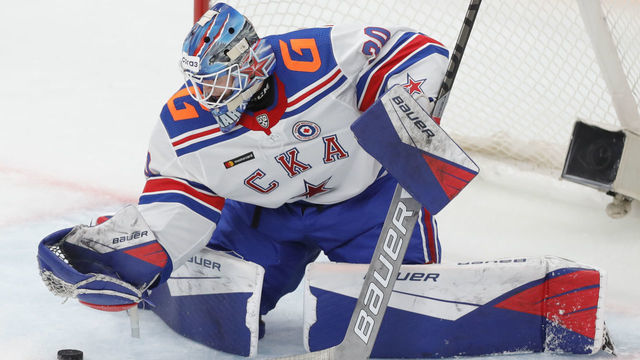 MOSCOW, RUSSIA - SEPTEMBER 17, 2020: SKA St Petersburg's goaltender Yaroslav Askarov in a 2020/2021 KHL Regular Season ice hockey match between Spartak Moscow and SKA St Petersburg at CSKA Arena. Mikhail Japaridze/TASS