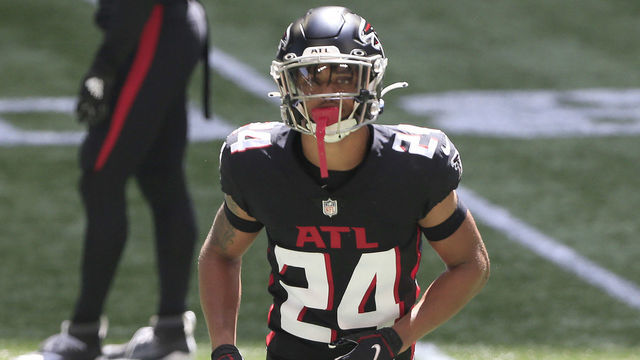 ATLANTA, GA - SEPTEMBER 13: A.J. Terrell (24) of the Atlanta Falcons during the NFL Week 1 game between the Atlanta Falcons and the Seattle Seahawks on September 13, 2020 at Mercedes-Benz Stadium in Atlanta, Georgia.