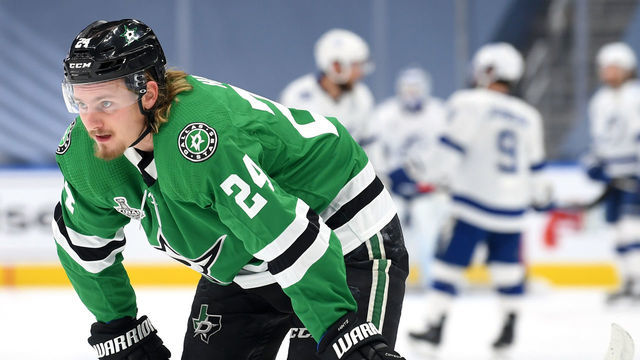 EDMONTON, ALBERTA - SEPTEMBER 25: Roope Hintz #24 of the Dallas Stars warms up before Game Four of the NHL Stanley Cup Final between the Tampa Bay Lightning and the Dallas Stars at Rogers Place on September 25, 2020 in Edmonton, Alberta, Canada.