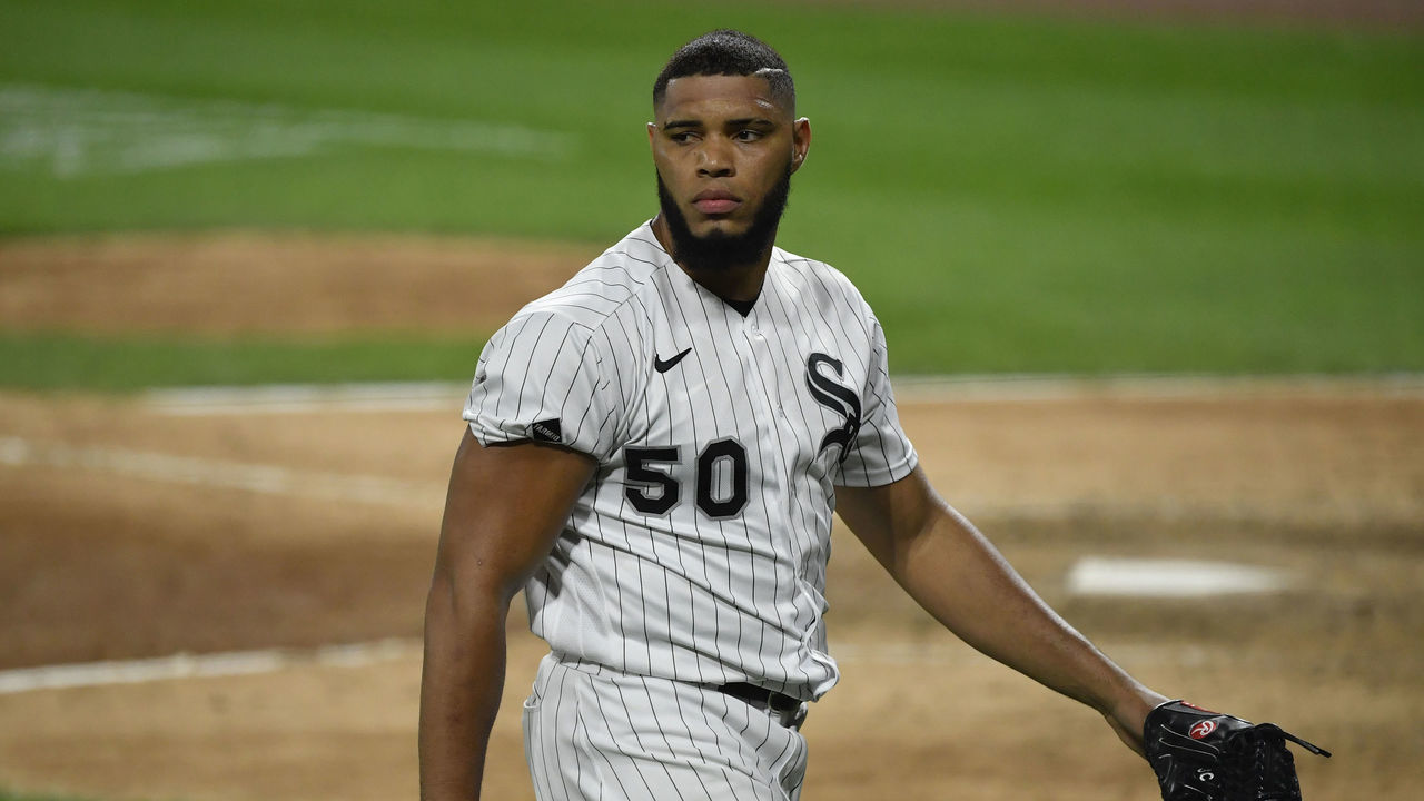 CHICAGO, ILLINOIS - SEPTEMBER 16: Jimmy Cordero #50 of the Chicago White Sox looks on against the Minnesota Twins at Guaranteed Rate Field on September 16, 2020 in Chicago, Illinois.