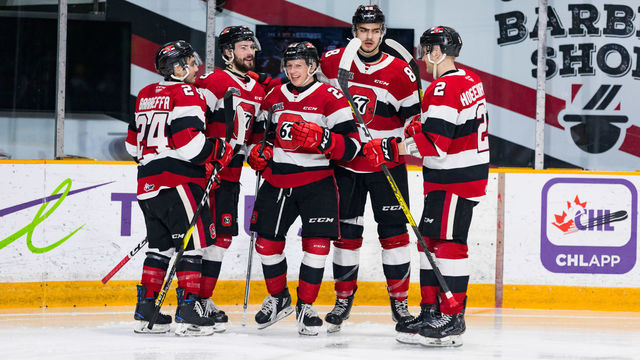 OTTAWA, ON - JANUARY 26: Ottawa 67's Center Marco Rossi (23) celebrates his goal with teammates, Left Wing Joseph Garreffa (24), Left Wing Austen Keating (9), Defenceman Kevin Bahl (88) and Defenceman Noel Hoefenmayer (2) during Ontario Hockey League action between the Saginaw Spirit and Ottawa 67's on January 26, 2020, at TD Place Arena in Ottawa, ON, Canada.