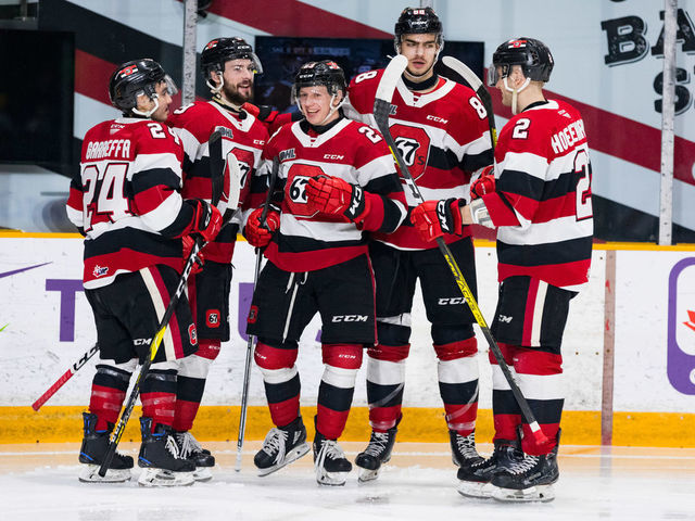 OTTAWA, ON - JANUARY 26: Ottawa 67's Center Marco Rossi (23) celebrates his goal with teammates, Left Wing Joseph Garreffa (24), Left Wing Austen Keating (9), Defenceman Kevin Bahl (88) and Defenceman Noel Hoefenmayer (2) during Ontario Hockey League action between the Saginaw Spirit and Ottawa 67's on January 26, 2020, at TD Place Arena in Ottawa, ON, Canada.