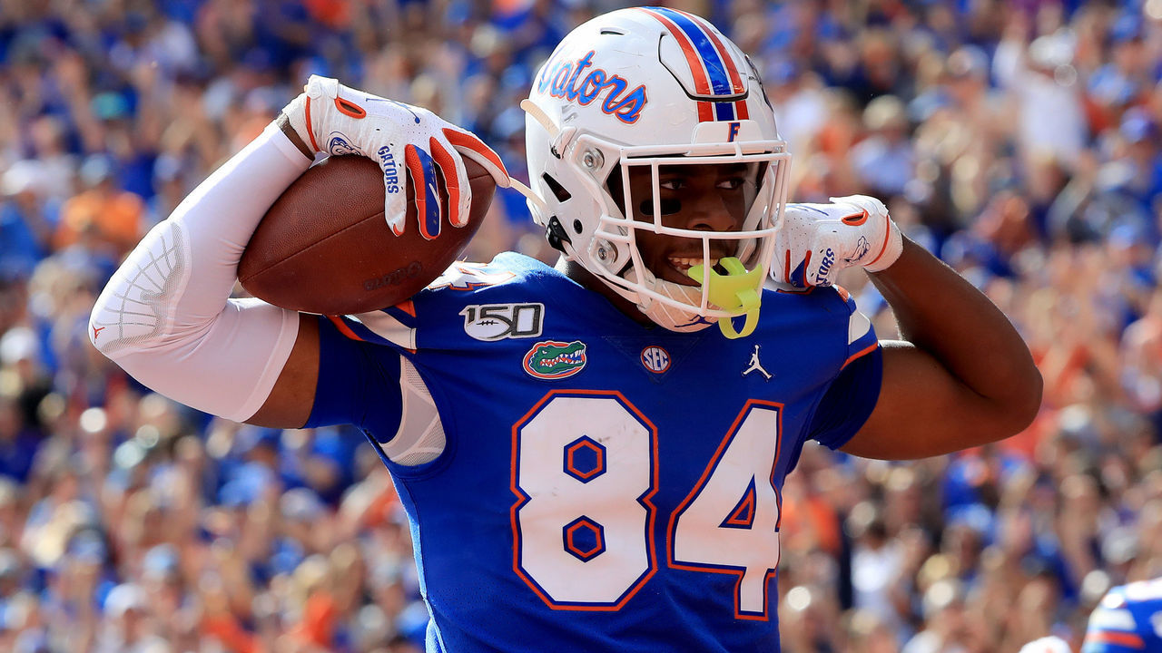 GAINESVILLE, FLORIDA - NOVEMBER 09: Kyle Pitts #84 of the Florida Gators celebrates a touchdown during the game against the Vanderbilt Commodores at Ben Hill Griffin Stadium on November 09, 2019 in Gainesville, Florida.