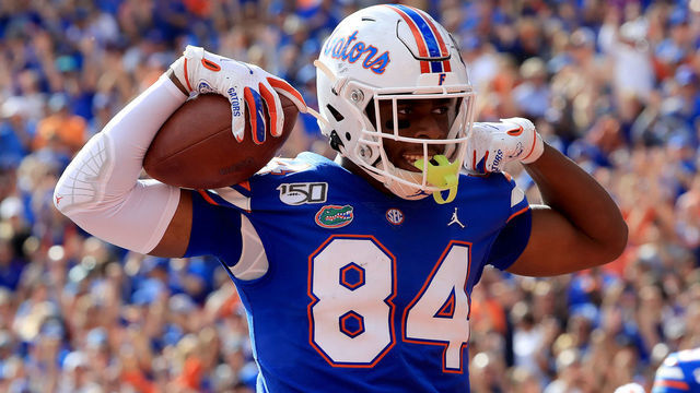 GAINESVILLE, FLORIDA - NOVEMBER 09: Kyle Pitts #84 of the Florida Gators celebrates a touchdown during the game against the Vanderbilt Commodores at Ben Hill Griffin Stadium on November 09, 2019 in Gainesville, Florida.
