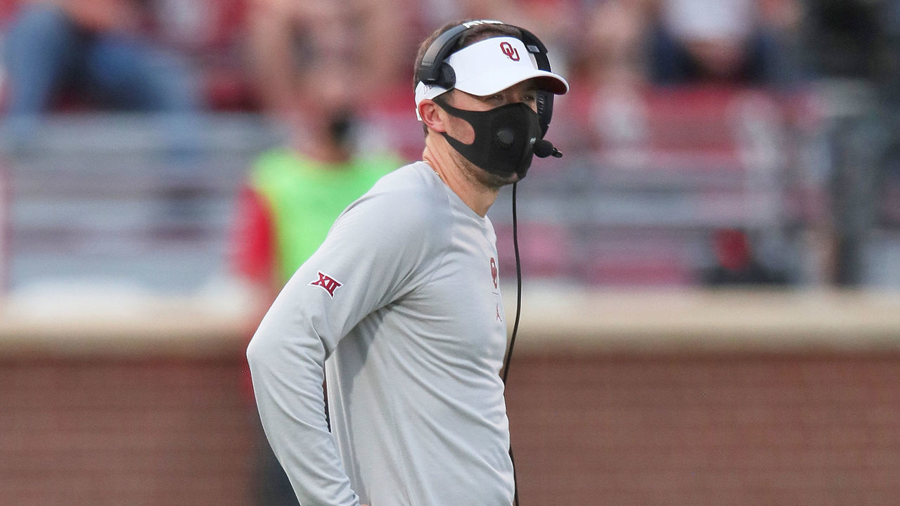 NORMAN, OK - SEPTEMBER 12: Oklahoma Sooners Head Coach Lincoln Riley masked up during a college football game between the Oklahoma Sooners and the Missouri State Bears on September 12, 2020, at the Gaylord Family Memorial Stadium in Norman, OK.