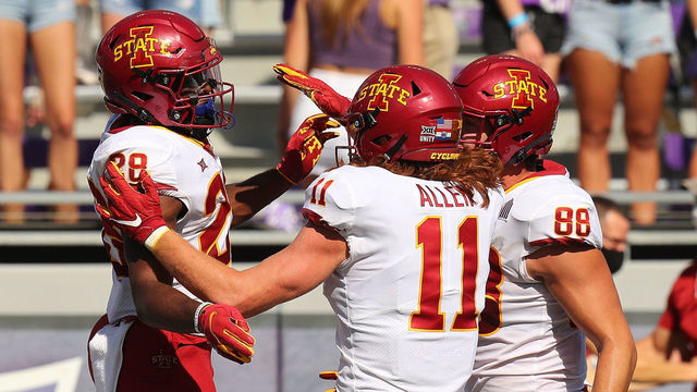FORT WORTH, TEXAS - SEPTEMBER 26: running back Breece Hall #28 of the Iowa State Cyclones celebrates a fourth quarter touchdown with Chase Allen #11 Charlie Kolar against the TCU Horned Frogs in the fourth quarter at Amon G. Carter Stadium on September 26, 2020 in Fort Worth, Texas.