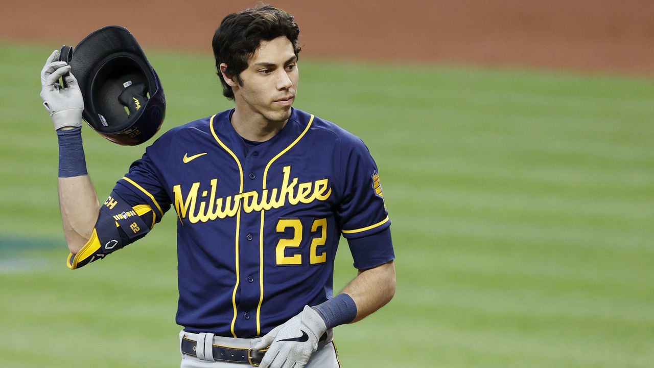 CINCINNATI, OH - SEPTEMBER 21: Christian Yelich #22 of the Milwaukee Brewers looks on during a game against the Cincinnati Reds at Great American Ball Park on September 21, 2020 in Cincinnati, Ohio. The Reds won 6-3.