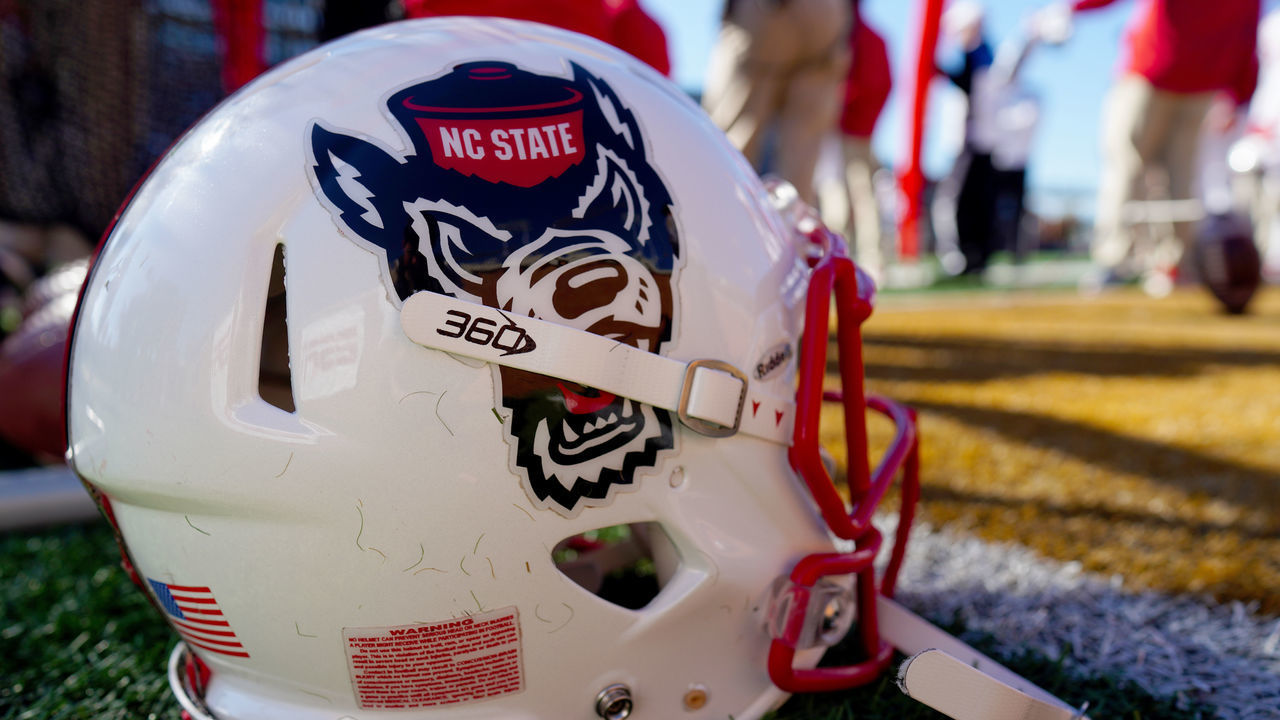 WINSTON SALEM, NORTH CAROLINA - NOVEMBER 02: An North Carolina State Wolfpack helmet in the second half during their game against the Wake Forest Demon Deacons at BB&T Field on November 02, 2019 in Winston Salem, North Carolina.