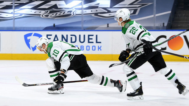 EDMONTON, ALBERTA - SEPTEMBER 26: Corey Perry #10 of the Dallas Stars reacts after scoring the game-winning goal in the second overtime period of Game Five of the 2020 NHL Stanley Cup Final between the Dallas Stars and the Tampa Bay Lightning at Rogers Place on September 26, 2020 in Edmonton, Alberta, Canada. The Stars defeated the Lightning 3-2 in overtime.