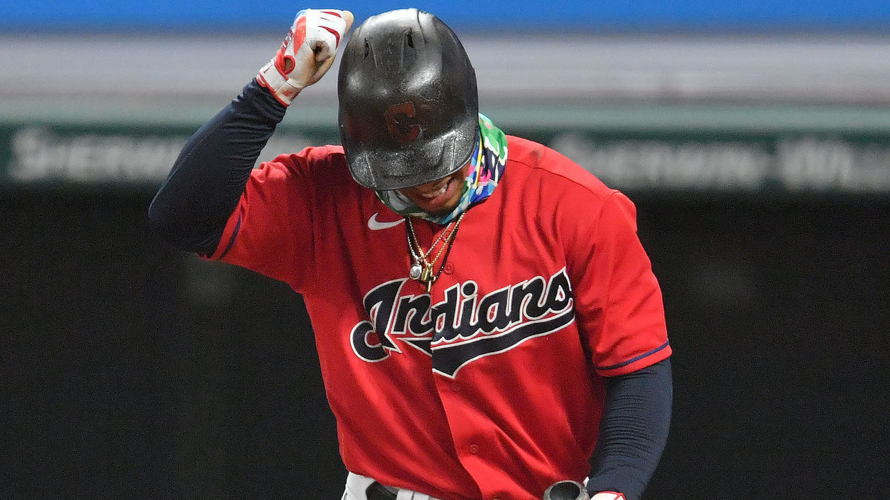 CLEVELAND, OHIO - SEPTEMBER 26: Francisco Lindor #12 of the Cleveland Indians reacts after striking out during the sixth inning against the Pittsburgh Pirates at Progressive Field on September 26, 2020 in Cleveland, Ohio.