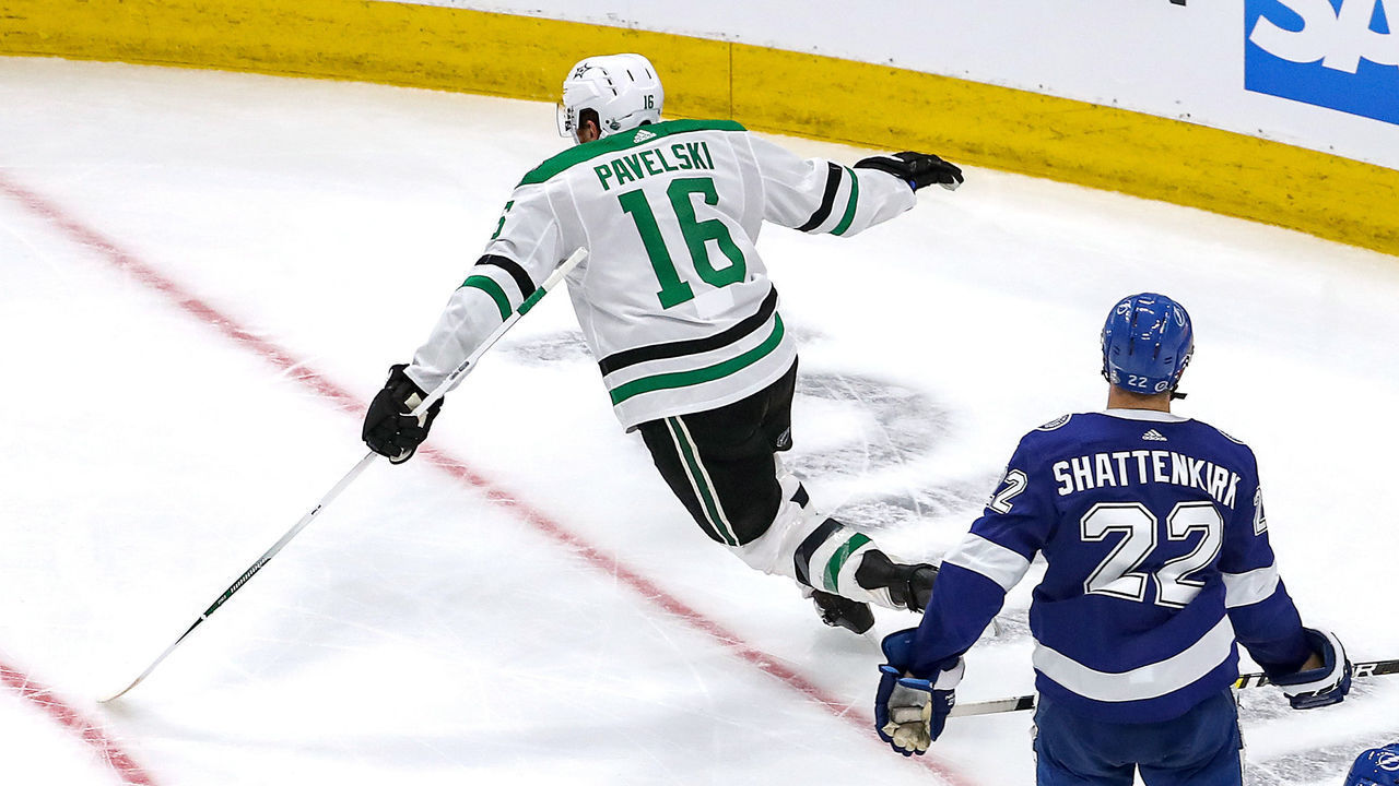 EDMONTON, ALBERTA - SEPTEMBER 26: Joe Pavelski #16 of the Dallas Stars celebrates after scoring a goal against the Tampa Bay Lightning during the third period in Game Five of the 2020 NHL Stanley Cup Final at Rogers Place on September 26, 2020 in Edmonton, Alberta, Canada.