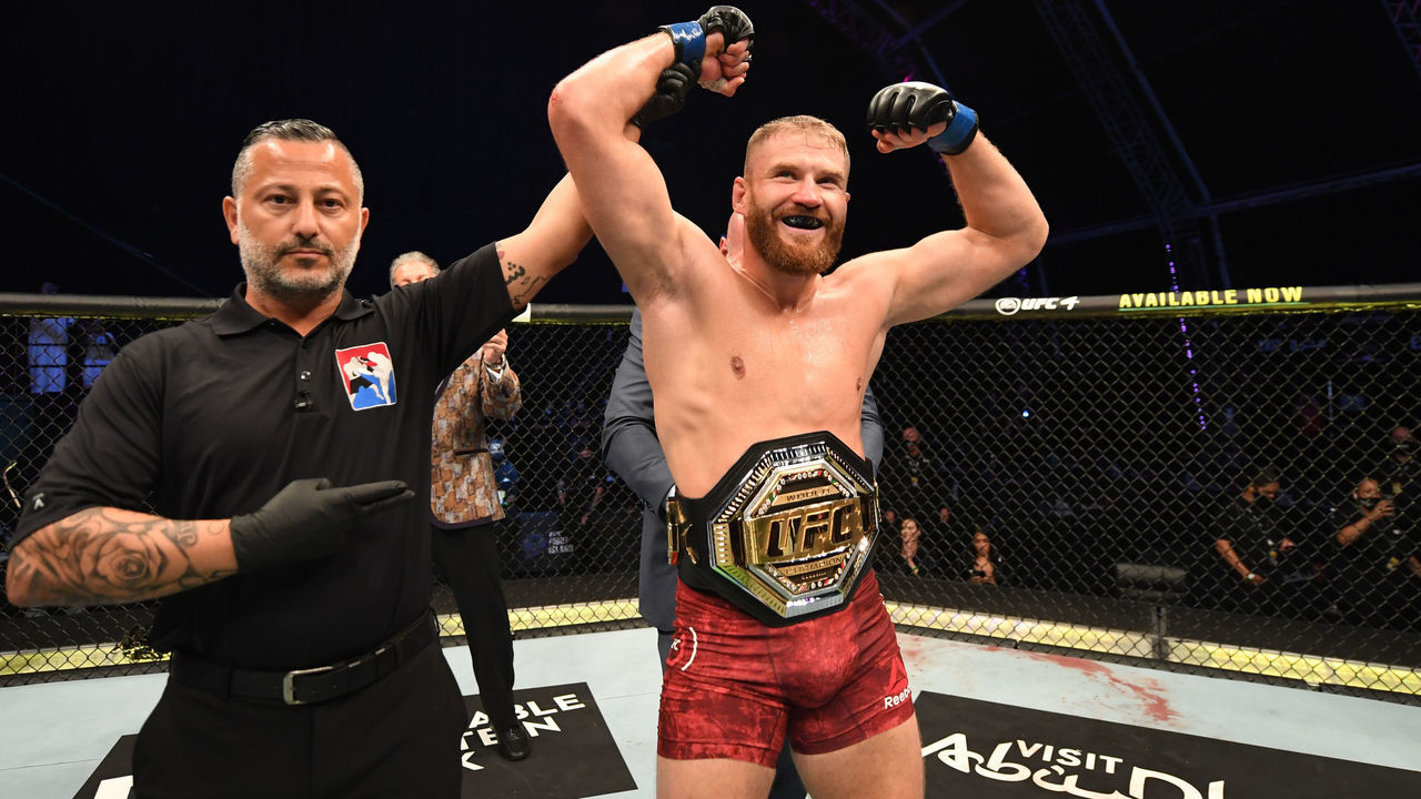 ABU DHABI, UNITED ARAB EMIRATES - SEPTEMBER 27: Jan Blachowicz of Poland celebrates after defeating Dominick Reyes in their light heavyweight championship bout during UFC 253 inside Flash Forum on UFC Fight Island on September 27, 2020 in Abu Dhabi, United Arab Emirates.