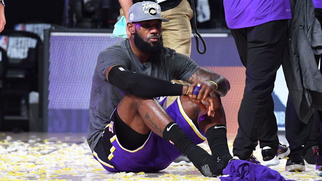 ORLANDO, FL - SEPTEMBER 26: LeBron James #23 of the Los Angeles Lakers celebrates after winning Game Five of the Western Conference Finals against the Denver Nuggets on September 26, 2020 in Orlando, Florida at AdventHealth Arena. NOTE TO USER: User expressly acknowledges and agrees that, by downloading and/or using this Photograph, user is consenting to the terms and conditions of the Getty Images License Agreement. Mandatory Copyright Notice: Copyright 2020 NBAE