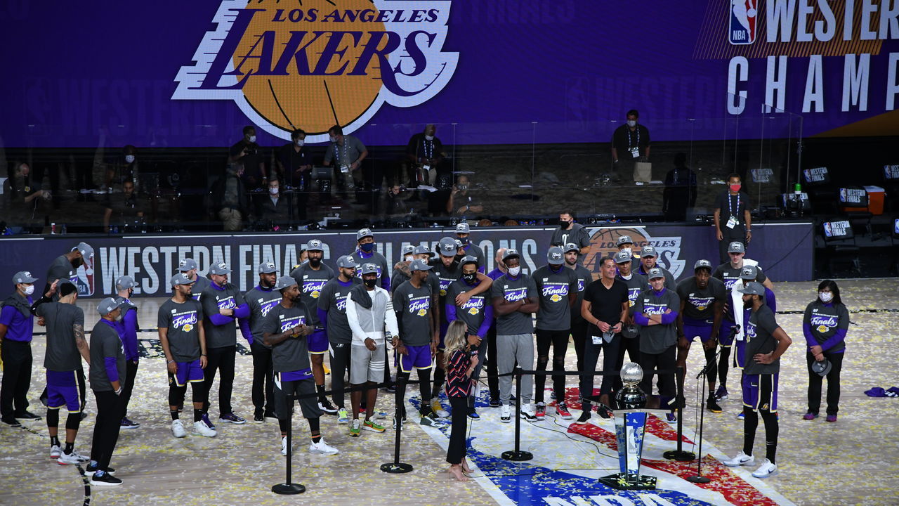ORLANDO, FL - SEPTEMBER 26: A view of the Los Angeles Lakers after winning Game Five of the Western Conference Finals of the NBA Playoffs on September 26, 2020 at The AdventHealth Arena at ESPN Wide World Of Sports Complex in Orlando, Florida. NOTE TO USER: User expressly acknowledges and agrees that, by downloading and/or using this Photograph, user is consenting to the terms and conditions of the Getty Images License Agreement. Mandatory Copyright Notice: Copyright 2020 NBAE