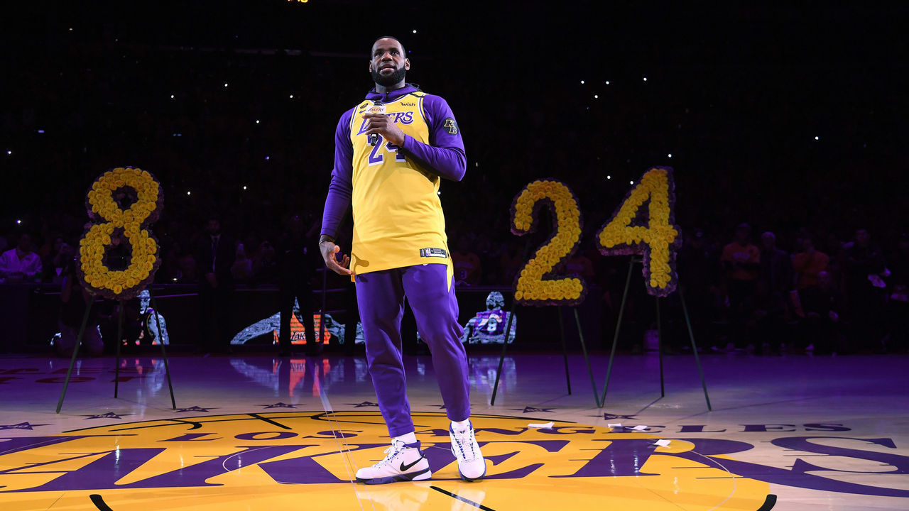LOS ANGELES, CALIFORNIA - JANUARY 31: LeBron James speaks during the Los Angeles Lakers pregame ceremony to honor Kobe Bryant before the game against the Portland Trail Blazers at Staples Center on January 31, 2020 in Los Angeles, California.