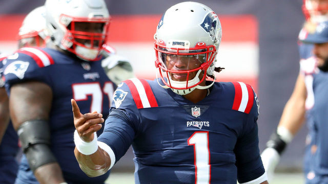 FOXBOROUGH, MASSACHUSETTS - SEPTEMBER 27: Cam Newton #1 of the New England Patriots reacts before the game against the Las Vegas Raiders at Gillette Stadium on September 27, 2020 in Foxborough, Massachusetts.