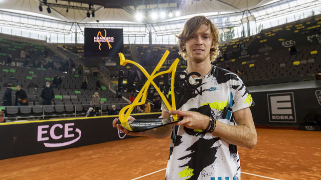 HAMBURG, GERMANY - SEPTEMBER 27: Andrey Rublev of Russia celebrates the victory during the final of the Hamburg Open 2020 at Rothenbaum on September 27, 2020 in Hamburg, Germany.