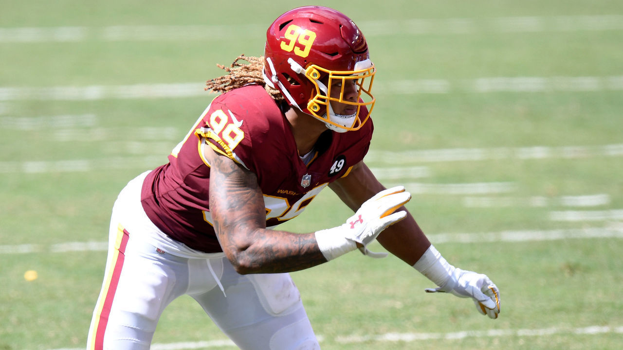 LANDOVER, MD - SEPTEMBER 13: Chase Young #99 of the Washington Football Team plays against the Philadelphia Eagles at FedExField on September 13, 2020 in Landover, Maryland.