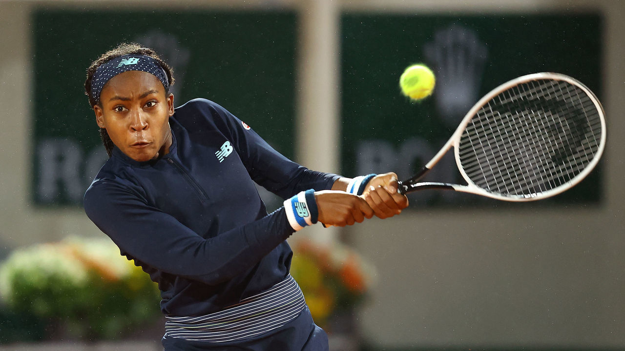 PARIS, FRANCE - SEPTEMBER 27: Cori Gauff of The United States of America plays a backhand during her Women's Singles first round match against Johanna Konta of Great Britain during day one of the 2020 French Open at Roland Garros on September 27, 2020 in Paris, France.