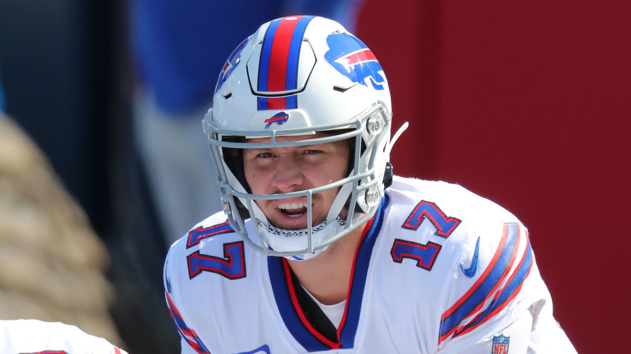 ORCHARD PARK, NY - SEPTEMBER 27: Josh Allen #17 and Mitch Morse #60 of the of the Buffalo Bill warms up before a game against the Los Angeles Rams at Bills Stadium on September 27, 2020 in Orchard Park, New York.