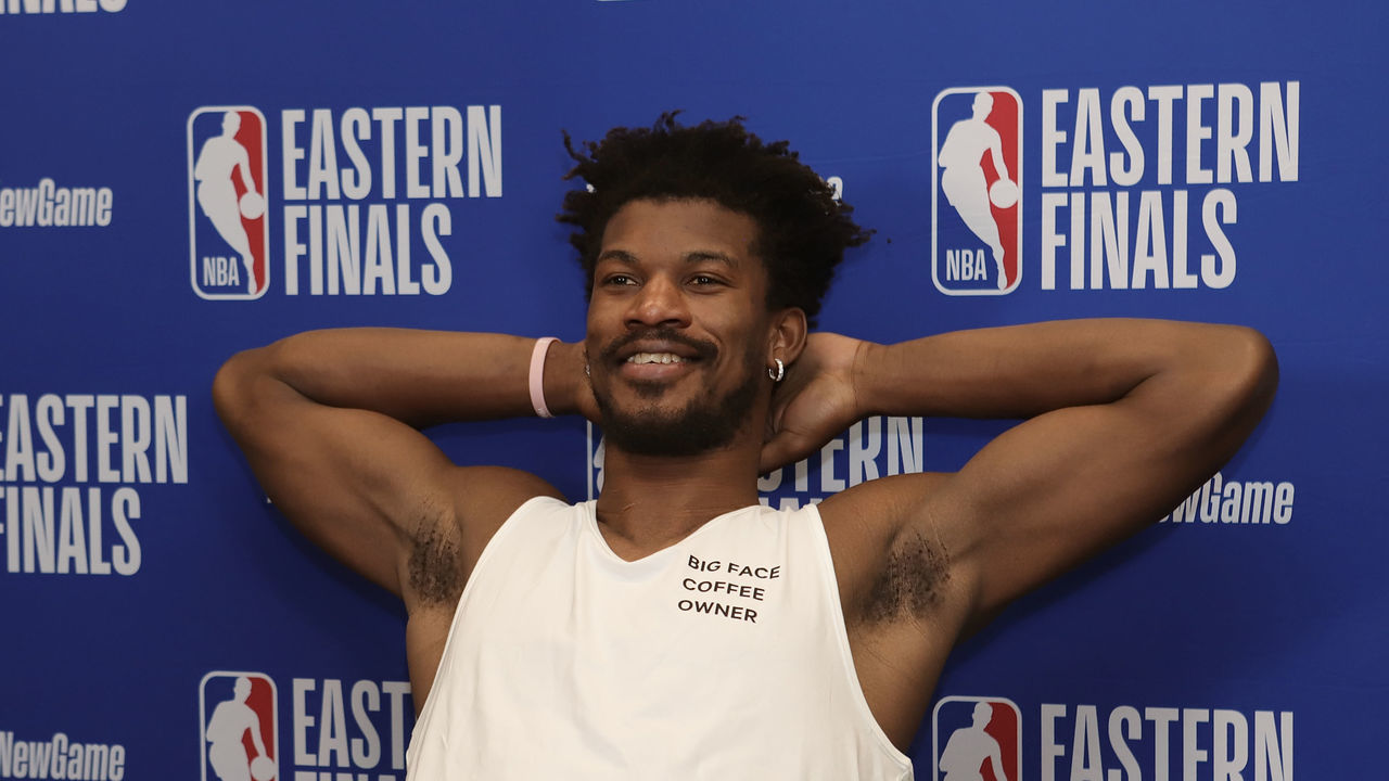 ORLANDO, FL - SEPTEMBER 15: Jimmy Butler of the Miami Heat speaks to the media after the game against the Boston Celtics in Game one of the Eastern Conference Finals of the 2020 Playoffs as part of the NBA Restart 2020 on September 15, 2020 at The Field House at ESPN Wide World of Sports Complex in Orlando, Florida. NOTE TO USER: User expressly acknowledges and agrees that, by downloading and/or using this photograph, user is consenting to the terms and conditions of the Getty Images License Agreement. Mandatory Copyright Notice: Copyright 2020 NBAE