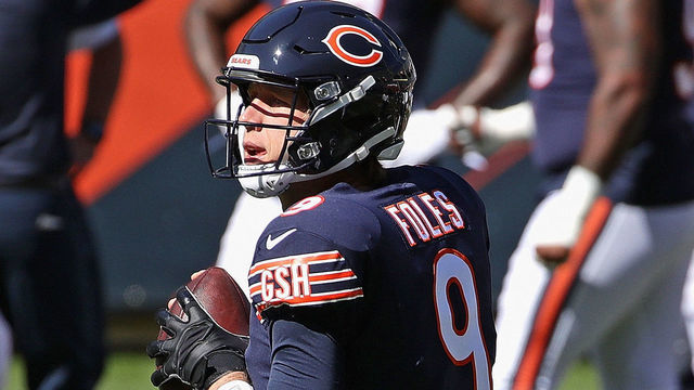 CHICAGO, ILLINOIS - SEPTEMBER 20: Nick Foles #9 of the Chicago Bears participates in warm-ups before a game against the New York Giants at Soldier Field on September 20, 2020 in Chicago, Illinois.