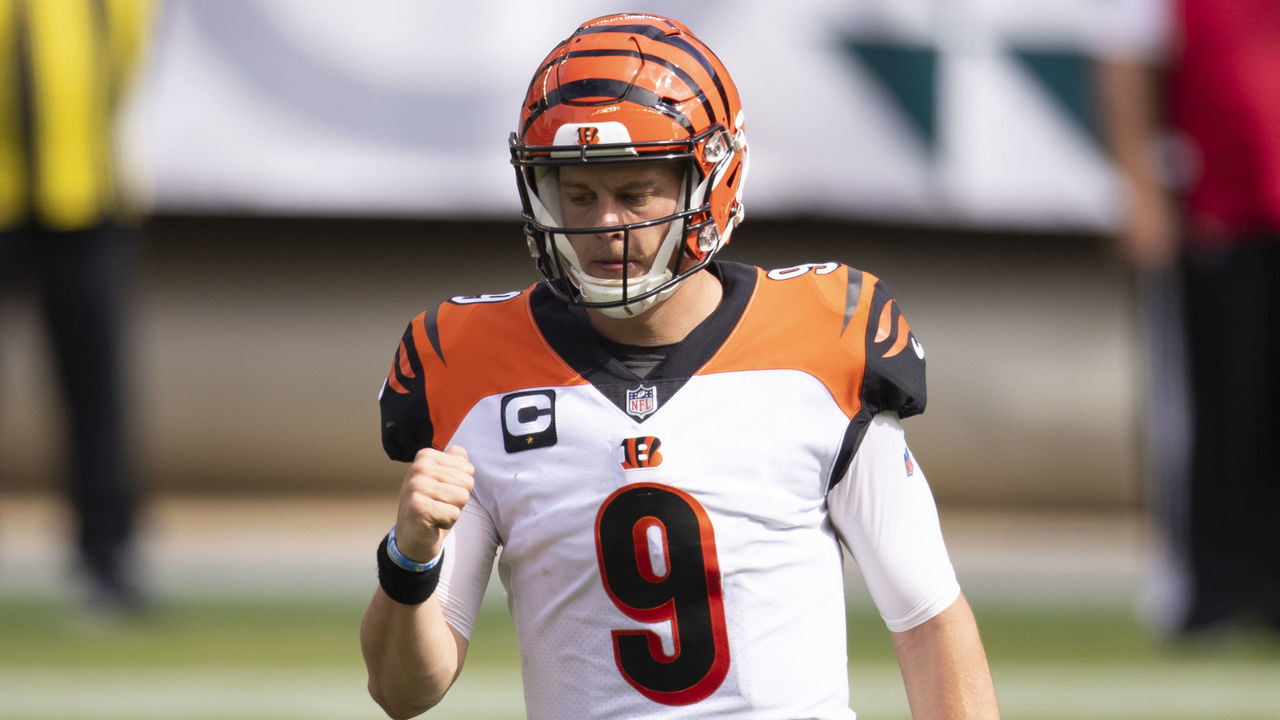 PHILADELPHIA, PA - SEPTEMBER 27: Joe Burrow #9 of the Cincinnati Bengals reacts after throwing a touchdown pass against the Philadelphia Eagles in the second quarter at Lincoln Financial Field on September 27, 2020 in Philadelphia, Pennsylvania.