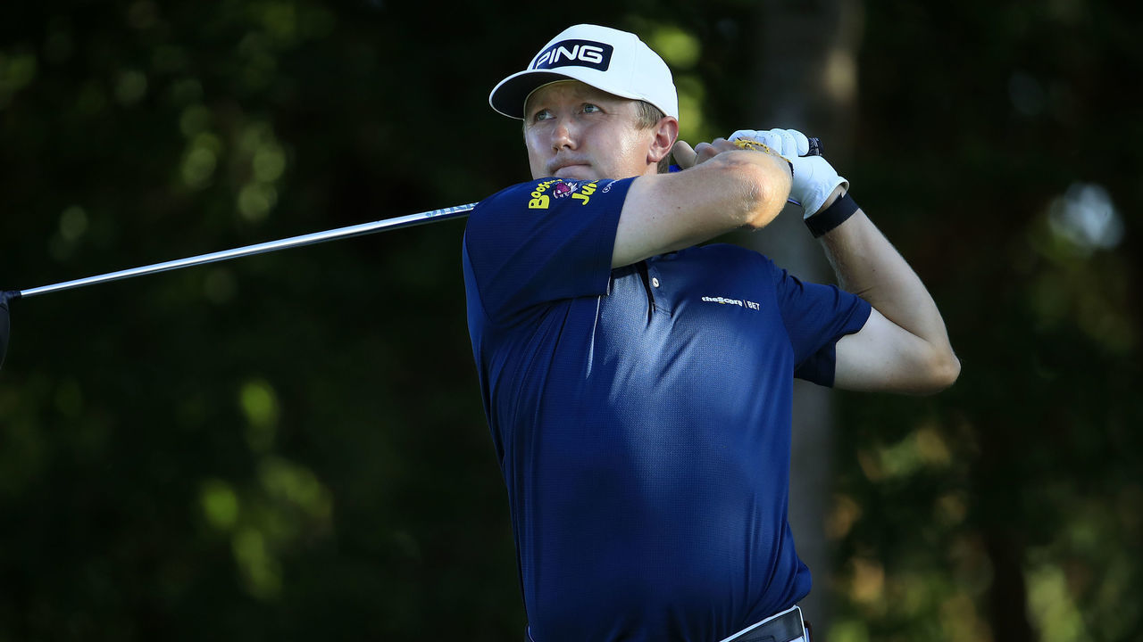 PUNTA CANA, DOMINICAN REPUBLIC - SEPTEMBER 26: Mackenzie Hughes of Canada plays his shot from the 15th tee during the third round of the Corales Puntacana Resort & Club Championship on September 26, 2020 in Punta Cana, Dominican Republic.