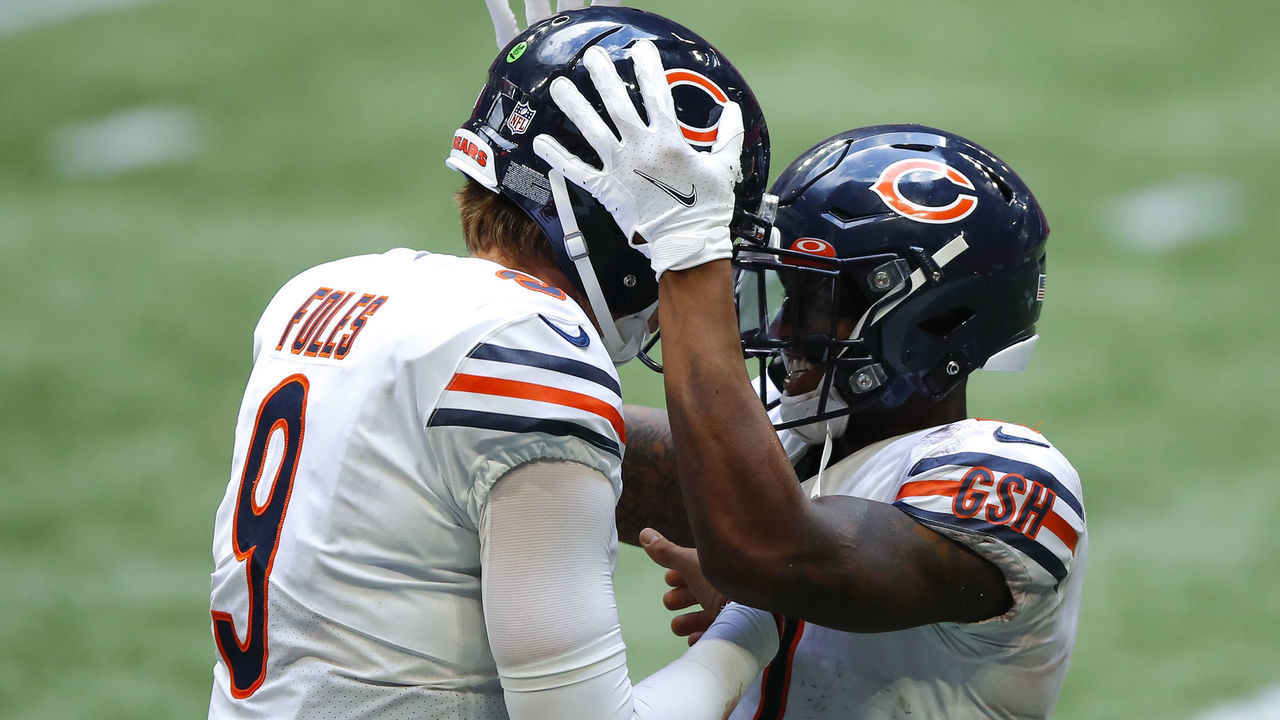 ATLANTA, GA - SEPTEMBER 27: Anthony Miller #17 celebrates his touchdown with Nick Foles #9 of the Chicago Bears in the fourth quarter of an NFL game against the Atlanta Falcons at Mercedes-Benz Stadium on September 27, 2020 in Atlanta, Georgia.