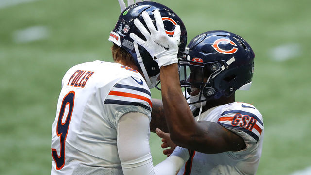 ATLANTA, GA - SEPTEMBER 27: Anthony Miller #17 celebrates his touchdown with Nick Foles #9 of the Chicago Bears in the fourth quarter of an NFL game against the Atlanta Falcons at Mercedes-Benz Stadium on September 27, 2020 in Atlanta, Georgia.