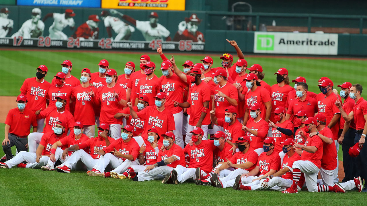 ST LOUIS, MO - SEPTEMBER 27: Members of the St. Louis Cardinals pose for a team photo after clinching a postseason berth by beating the Milwaukee Brewers at Busch Stadium on September 27, 2020 in St Louis, Missouri.