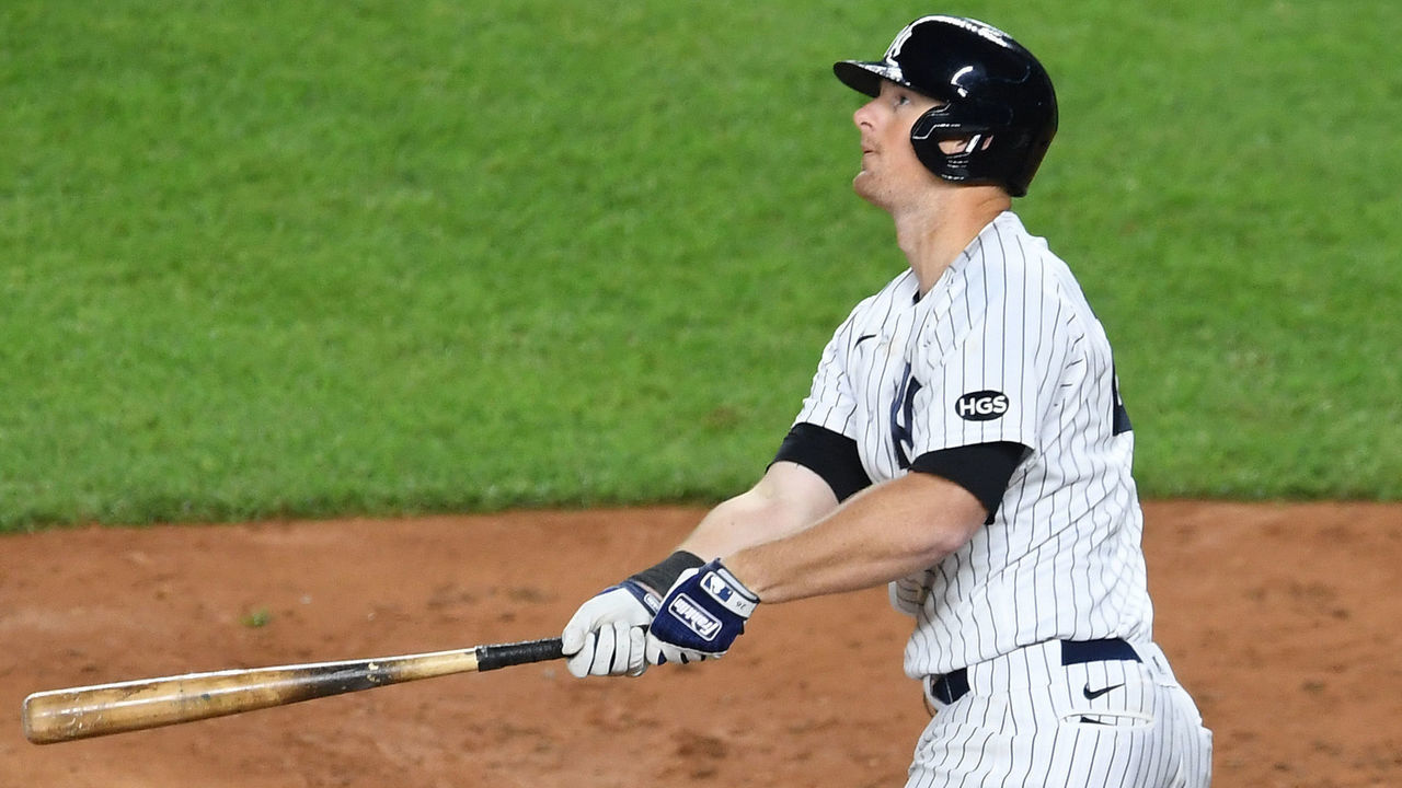 NEW YORK, NEW YORK - SEPTEMBER 15: DJ LeMahieu #26 of the New York Yankees reacts after hitting a home run during the eighth inning against the Toronto Blue Jays at Yankee Stadium on September 15, 2020 in the Bronx borough of New York City. The Yankees won 20-6.