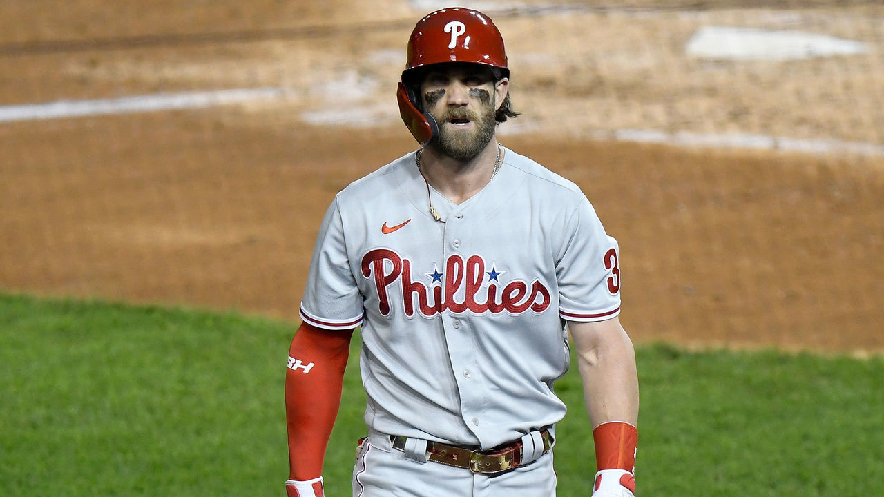 WASHINGTON, DC - SEPTEMBER 22: Bryce Harper #3 of the Philadelphia Phillies walks to the dugout after striking out in the fifth inning against the Washington Nationals during the second game of a doubleheader at Nationals Park on September 22, 2020 in Washington, DC.