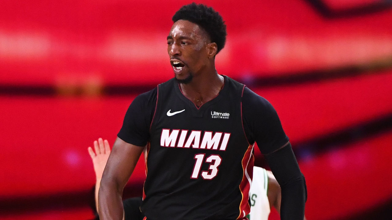 ORLANDO, FL - SEPTEMBER 27: Bam Adebayo #13 of the Miami Heat celebrates during the game against the Boston Celtics during Game Six of the Eastern Conference Finals on September 27, 2020 in Orlando, Florida at AdventHealth Arena. NOTE TO USER: User expressly acknowledges and agrees that, by downloading and/or using this Photograph, user is consenting to the terms and conditions of the Getty Images License Agreement. Mandatory Copyright Notice: Copyright 2020 NBAE