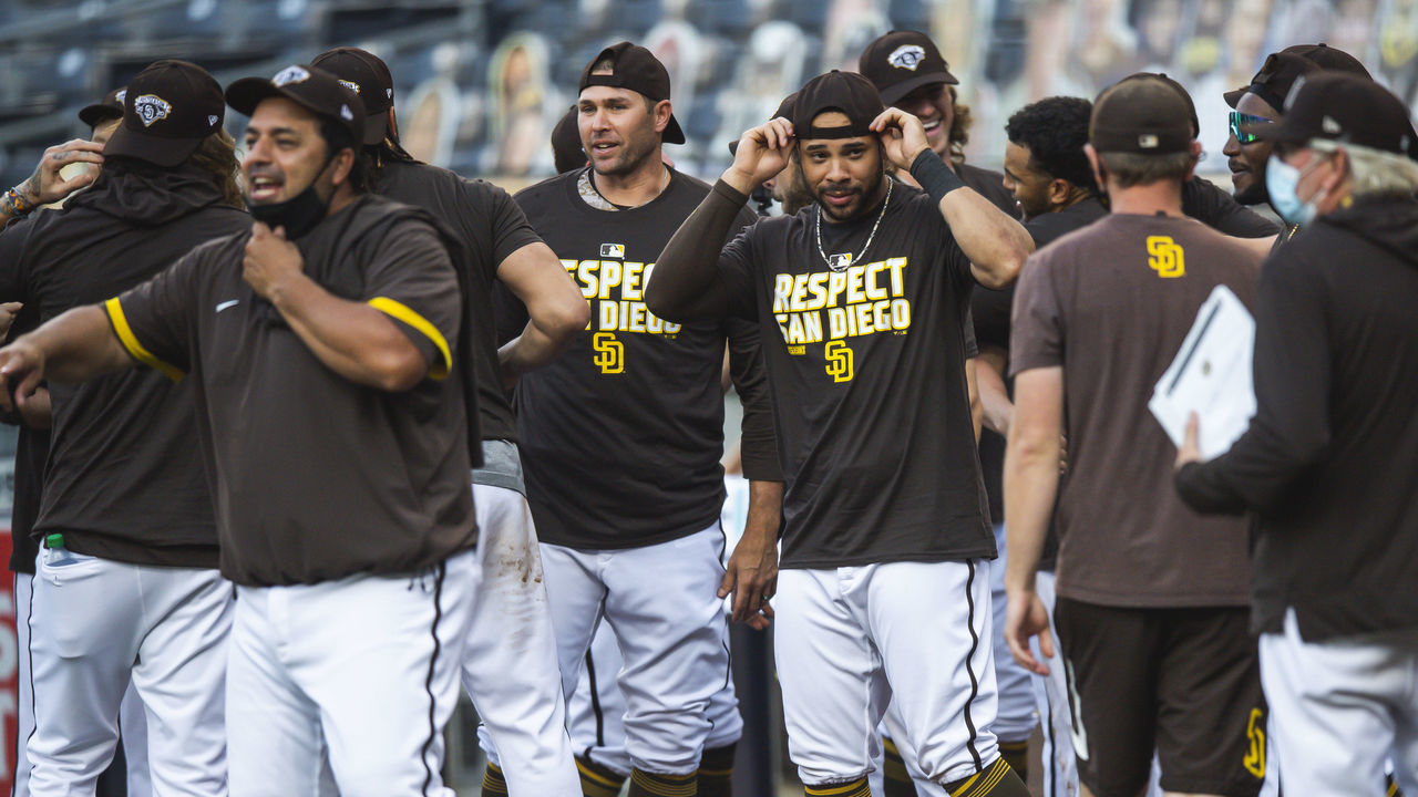 SAN DIEGO, CA - SEPTEMBER 20: Tommy Pham #28 of the San Diego Padres after clinching a playoff berth and defeating the Seattle Mariners at PETCO Park on September 20, 2020 in San Diego, California.