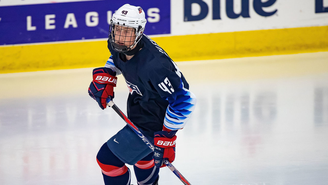PLYMOUTH, MI - DECEMBER 12: Tyler Kleven #43 of the U.S. Nationals follows the play against the Switzerland Nationals during day-2 of game two of the 2018 Under-17 Four Nations Tournament at USA Hockey Arena on December 12, 2018 in Plymouth, Michigan. USA defeated Switzerland 3-1.