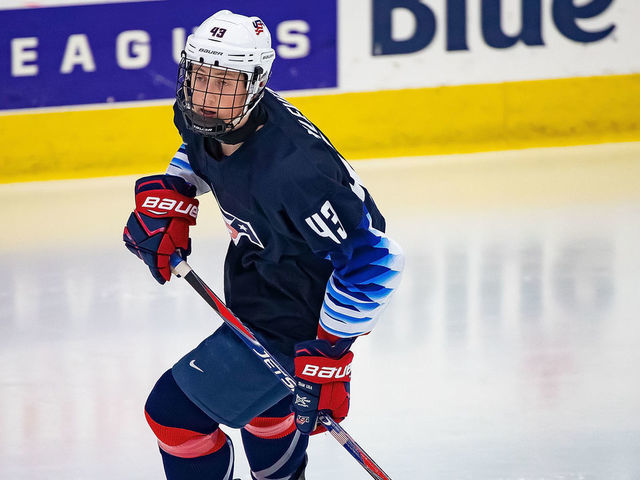 PLYMOUTH, MI - DECEMBER 12: Tyler Kleven #43 of the U.S. Nationals follows the play against the Switzerland Nationals during day-2 of game two of the 2018 Under-17 Four Nations Tournament at USA Hockey Arena on December 12, 2018 in Plymouth, Michigan. USA defeated Switzerland 3-1.