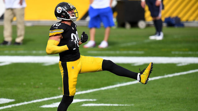 PITTSBURGH, PA - SEPTEMBER 27: T.J. Watt #90 of the Pittsburgh Steelers celebrates after sacking Dustin Colquitt #4 of the Pittsburgh Steelers (not pictured) during the fourth quarter at Heinz Field on September 27, 2020 in Pittsburgh, Pennsylvania.