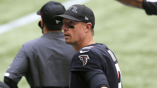 ATLANTA, GA - SEPTEMBER 27: Matt Ryan #2 of the Atlanta Falcons looks up into the stands at the family members and VIPs during the week 2 NFL game between the Atlanta Falcons and the Chicago Bears on September 27, 2020 at Mercedes-Benz Stadium in Atlanta, Georgia.