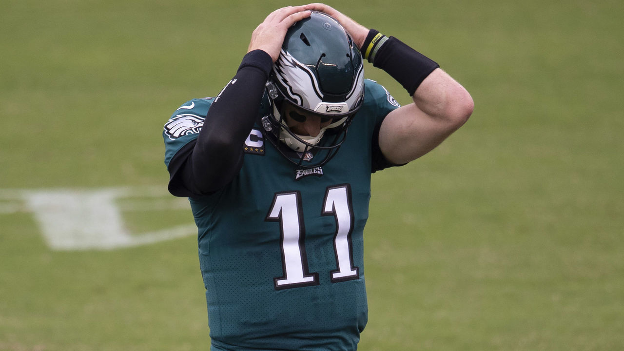 PHILADELPHIA, PA - SEPTEMBER 27: Carson Wentz #11 of the Philadelphia Eagles reacts against the Cincinnati Bengals at Lincoln Financial Field on September 27, 2020 in Philadelphia, Pennsylvania.