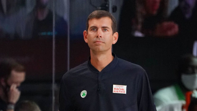 ORLANDO, FL - SEPTEMBER 27: Head Coach Brad Stevens of the Boston Celtics looks on during Game Six of the Eastern Conference Finals of the NBA Playoffs on September 27, 2020 at the AdventHealth Arena at ESPN Wide World Of Sports Complex in Orlando, Florida. NOTE TO USER: User expressly acknowledges and agrees that, by downloading and/or using this Photograph, user is consenting to the terms and conditions of the Getty Images License Agreement. Mandatory Copyright Notice: Copyright 2020 NBAE