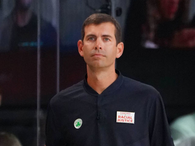 ORLANDO, FL - SEPTEMBER 27: Head Coach Brad Stevens of the Boston Celtics looks on during Game Six of the Eastern Conference Finals of the NBA Playoffs on September 27, 2020 at the AdventHealth Arena at ESPN Wide World Of Sports Complex in Orlando, Florida. NOTE TO USER: User expressly acknowledges and agrees that, by downloading and/or using this Photograph, user is consenting to the terms and conditions of the Getty Images License Agreement. Mandatory Copyright Notice: Copyright 2020 NBAE