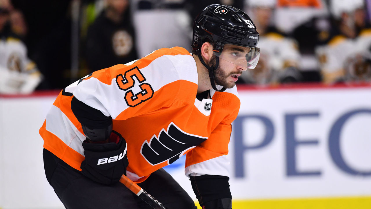 PHILADELPHIA, PA - MARCH 10: Philadelphia Flyers Defenceman Shayne Gostisbehere (53) readies for a faceoff in the second period during the game between the Boston Bruins and Philadelphia Flyers on March 10, 2020 at Wells Fargo Center in Philadelphia, PA.