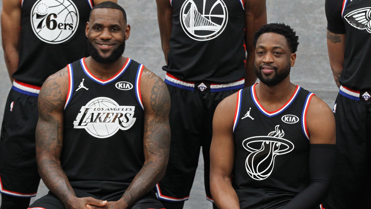 CHARLOTTE, NC - FEBRUARY 17: LeBron James #23 and Dwyane Wade #3 of Team LeBron pose for a portrait during the 2019 NBA All-Star Game on February 17, 2019 at the Spectrum Center in Charlotte, North Carolina. NOTE TO USER: User expressly acknowledges and agrees that, by downloading and/or using this photograph, user is consenting to the terms and conditions of the Getty Images License Agreement. Mandatory Copyright Notice: Copyright 2019 NBAE